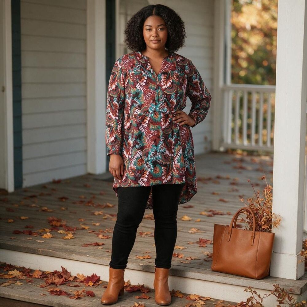 The Pioneer Woman Burgundy Floral Hi‑Lo Tunic Blouse Womens XL New